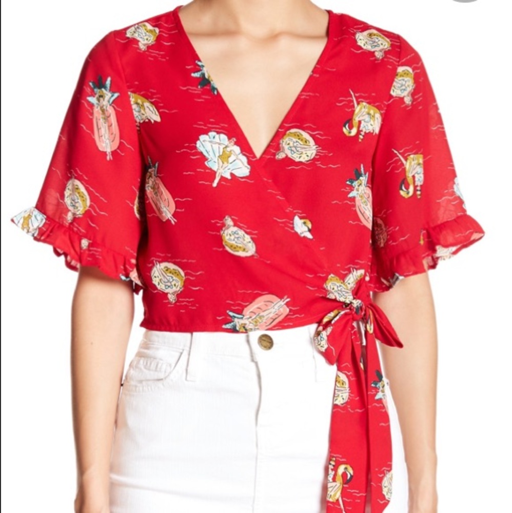 Red Elbow Sleeve Wrap Blouse